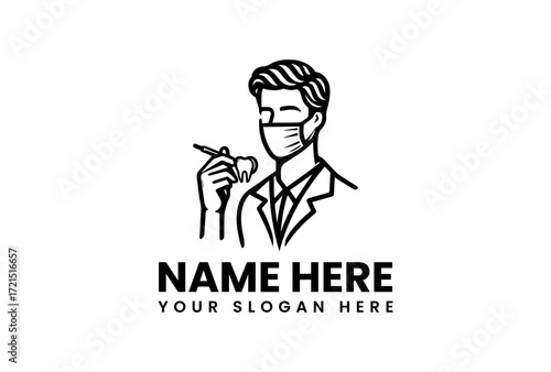 Stylized Dentist with Mask Holding Tooth and Dental Instrument in Black Outline.