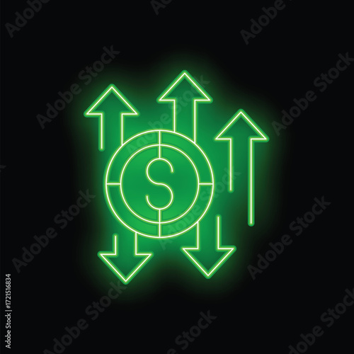 Green neon dollar sign with some arrows pointing up and some pointing down, suggesting market volatility