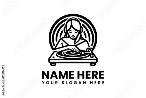 Stylized DJ Girl with Headphones Mixing Music on a Turntable.