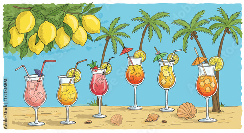 Tropical cocktails on a sandy beach beneath palm trees offer refreshing getaway