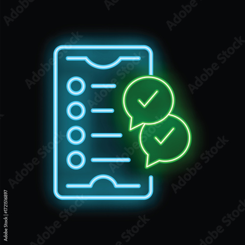 Glowing neon icon representing a smartphone with a checklist and notifications indicating completed tasks