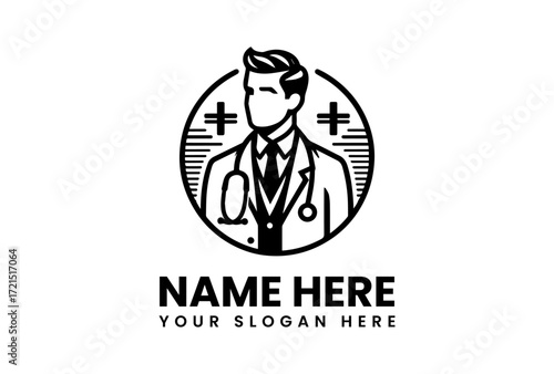 Stylized Doctor Logo with Stethoscope and Medical Cross Symbol.