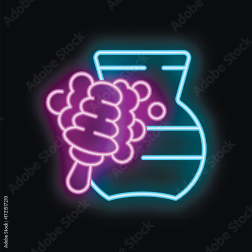 Neon sign of a honey dipper dripping honey into a jar, on a black background