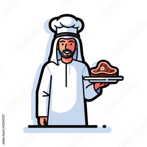 Arab chef presenting a steak on a plate in traditional attire with a friendly smile