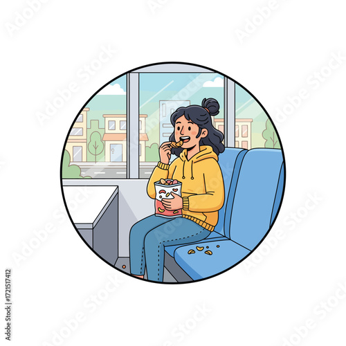 Smiling young woman in yellow hoodie eating snacks on a bus, enjoying a casual ride through the city with a cheerful mood.