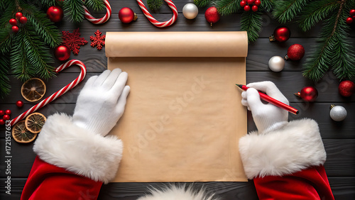 Santa claus hands writing on a scroll with christmas decorations candy canes and pine branches on a wooden table