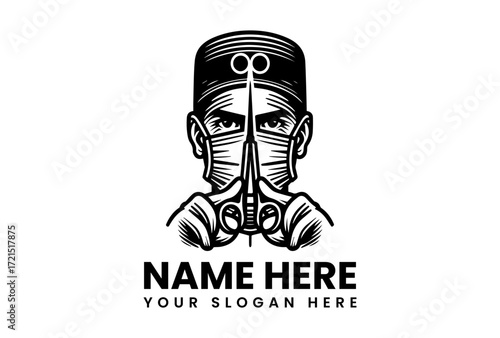 Surgeon with Mask and Cap Holding Surgical Scissors in a Striking Black and White Graphic.