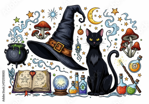 Witch Hat, Black Cat and Magical Halloween Elements Vector