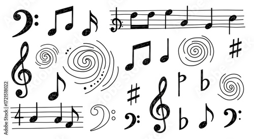 Hand Drawn Doodle Music Notes Vector Illustration Set