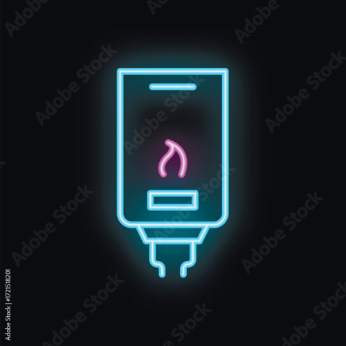 Blue neon icon of gas water heater with burning flame glowing on black background