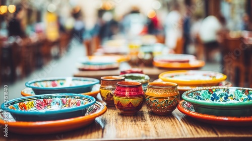 mexican. Colorful decor and wooden tables with traditional pottery fill an authentic Mexican restaurant interior. lifestyle magazines.