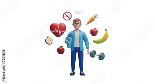 3D Man Promoting Healthy Lifestyle with Icons