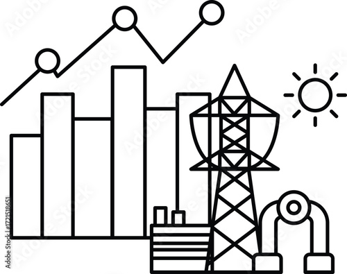 A black and white drawing of a city with a power plant and a power line