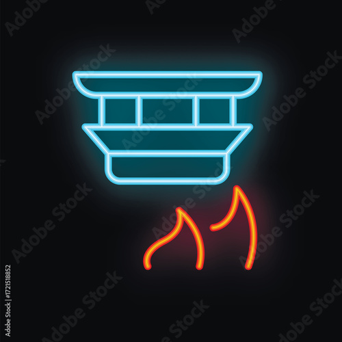 Neon smoke detector detecting fire warning system icon on black background