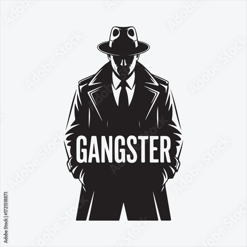 Black and white graphic of a man in a fedora and trench coat with the word gangster