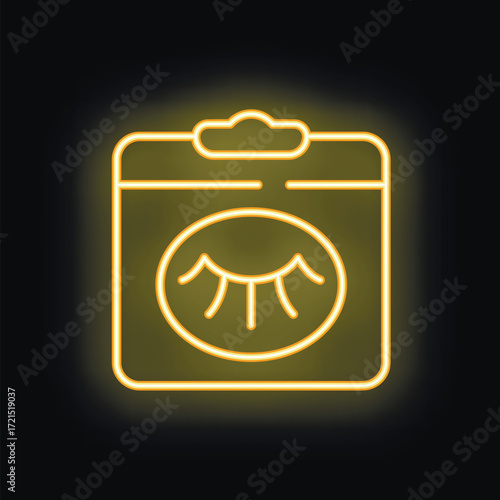 Yellow neon glowing icon of a medical record featuring an eye test chart on a clipboard, isolated on a black background