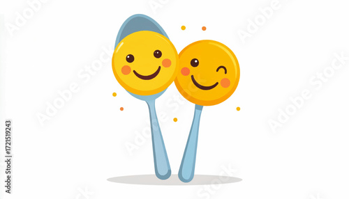 A charming vector illustration of two cute cartoon smiley faces on spoons, symbolizing a happy meal, joy, and positive emotions. Flat design concept for food and feelings
