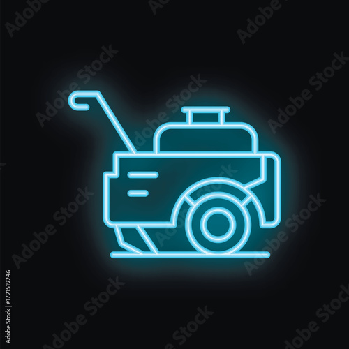 Blue neon icon of a walk behind concrete power trowel machine on black background