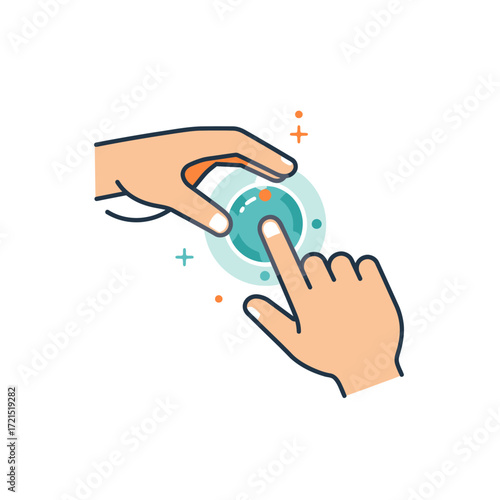 A stylish vector illustration shows human hands interacting with a luminous digital interface, embodying intuitive user experience, modern technology, and precise control.