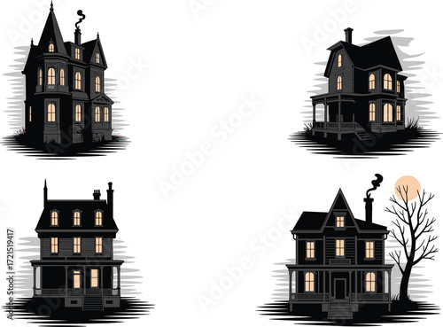 Halloween haunted house illustration, four spooky buildings with glowing windows chimney smoke moonlit tree eerie background, festive vector clipart artwork