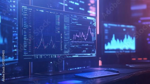 Illuminated Trading Desk with Charts and Screens in a Dark Room