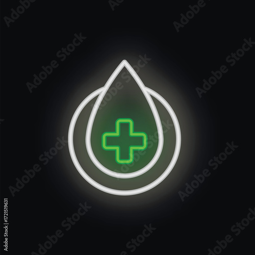 Glowing neon sign of a white blood drop outline with a bright green medical cross glowing inside