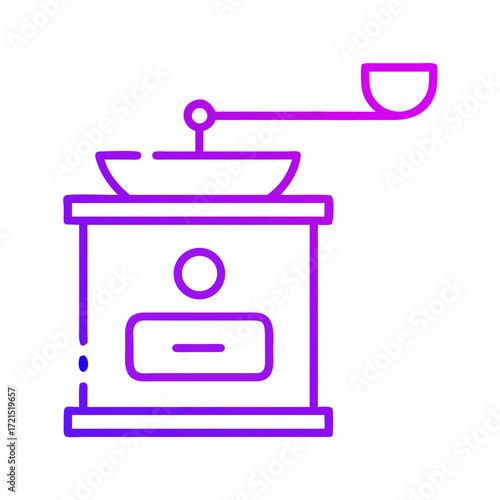An icon of coffee grinder machine, showing its components, in the color of purple 