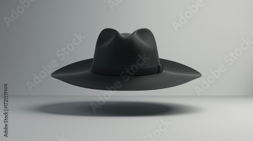 Monochromatic fedora hat poised in mid-air against a serene grey backdrop