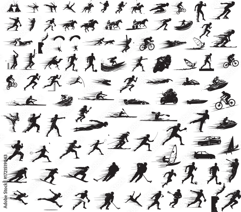 Naklejka premium sports athletes silhouette set with motion lines, speed effect, energetic pose. vector illustration 