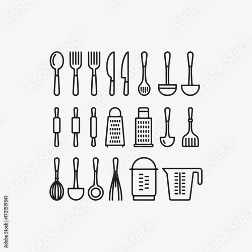 Collection of black line art kitchen utensils and tools