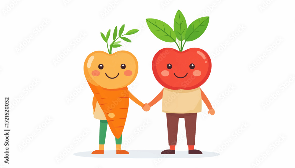 Fototapeta premium Adorable Carrot and Apple Characters Holding Hands