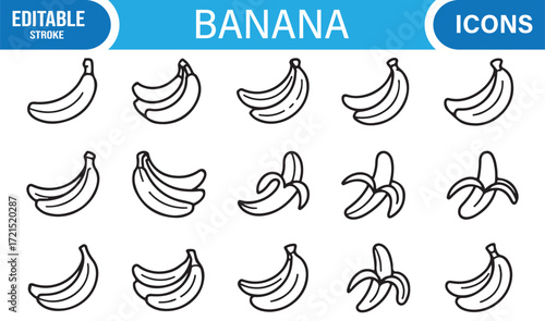 Minimal banana fruit drawings in outline style for food design.