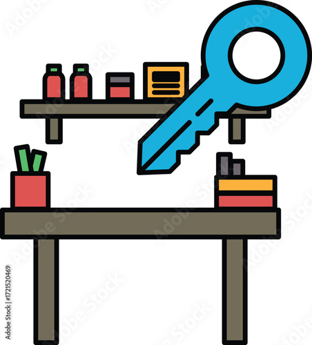 A key is on a desk with a shelf above it