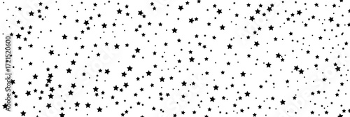 Falling black and white confetti stars on a white background. Dotted pattern for New Year, Christmas, and holiday design. Minimalistic vector background for banners, posters, and covers.