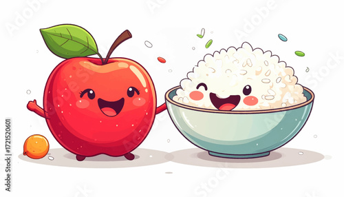 A cheerful, hand-drawn illustration featuring a happy red apple and a smiling bowl of white rice, two friendly food characters promoting healthy eating and companionship