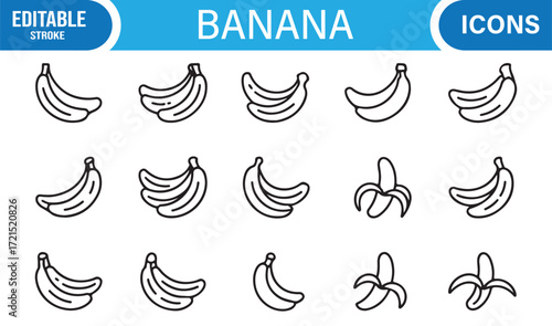 Outline banana vector icons set including bunches and peeled fruit.