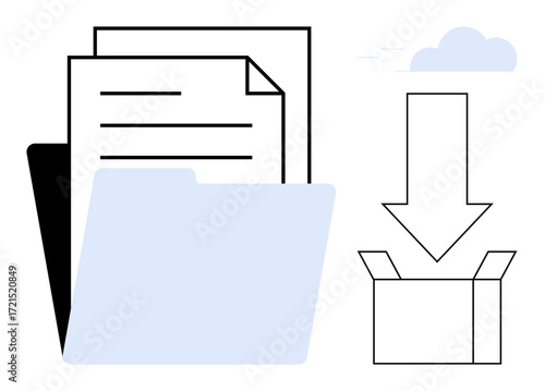 Documents and folder placed next to downward arrow pointing to open box and cloud image. Ideal for data storage, cloud computing, organization, digital transfer, file management, technology, simple