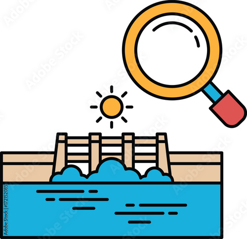 A black and white drawing of a bridge with a magnifying glass on it