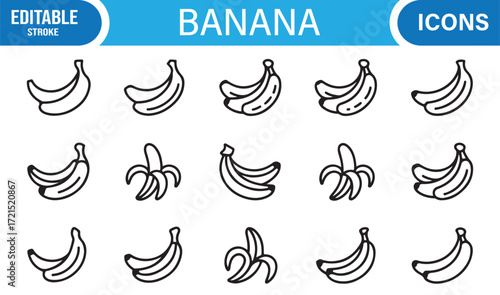 Editable stroke banana icons collection for healthy food and nutrition.