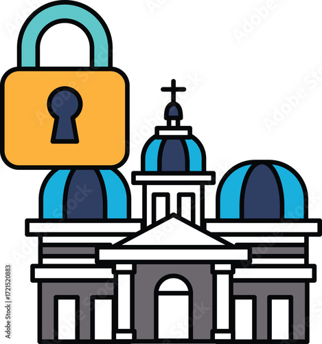 A black and white drawing of a building with a keyhole on the front