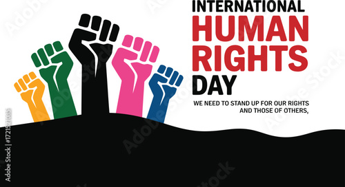 Diverse raised fists symbolize unity and strength for human rights advocacy
