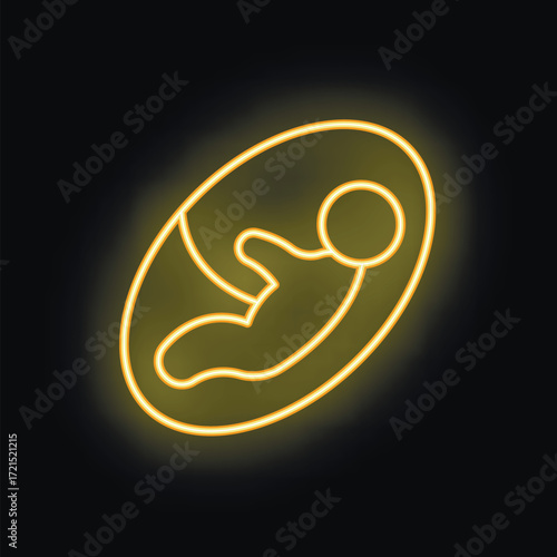 Glowing neon icon of a fetus developing in a womb, symbolizing pregnancy and motherhood