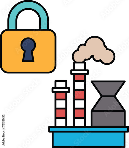 A black and white image of a lock and a factory with smoke coming out of it