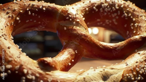 Close up panning shot of a freshly baked pretzel sprinkled with coarse salt, a delicious treat perfect for food videos and promotional content