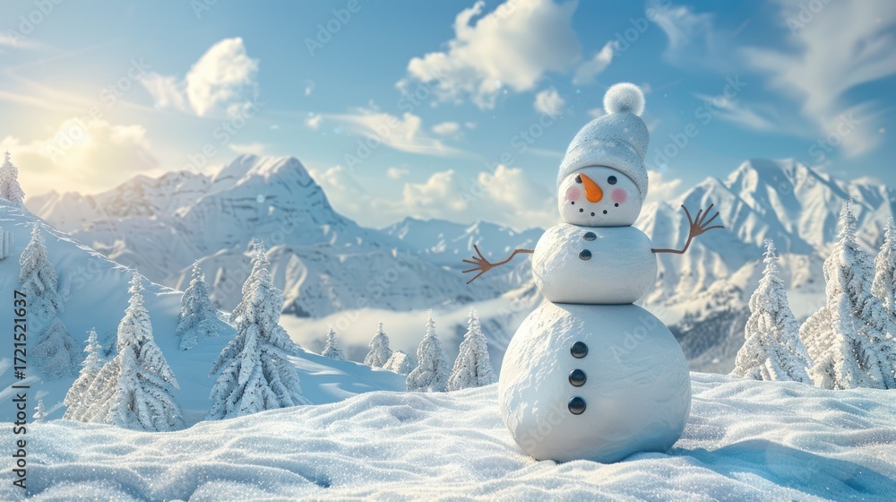 Obraz premium Whimsical snowman scene nestled amongst snowy mountains and frosted trees