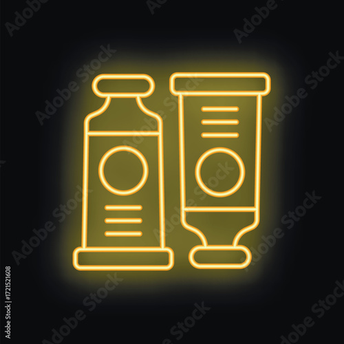 Neon sign of two paint tubes glowing yellow on a black background