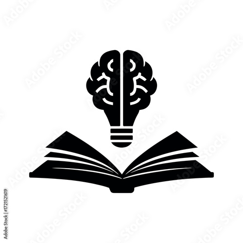 A black and white graphic of an open book with a brain lightbulb above it symbolizing knowledge and ideas