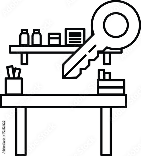 A key is on a desk with a shelf above it
