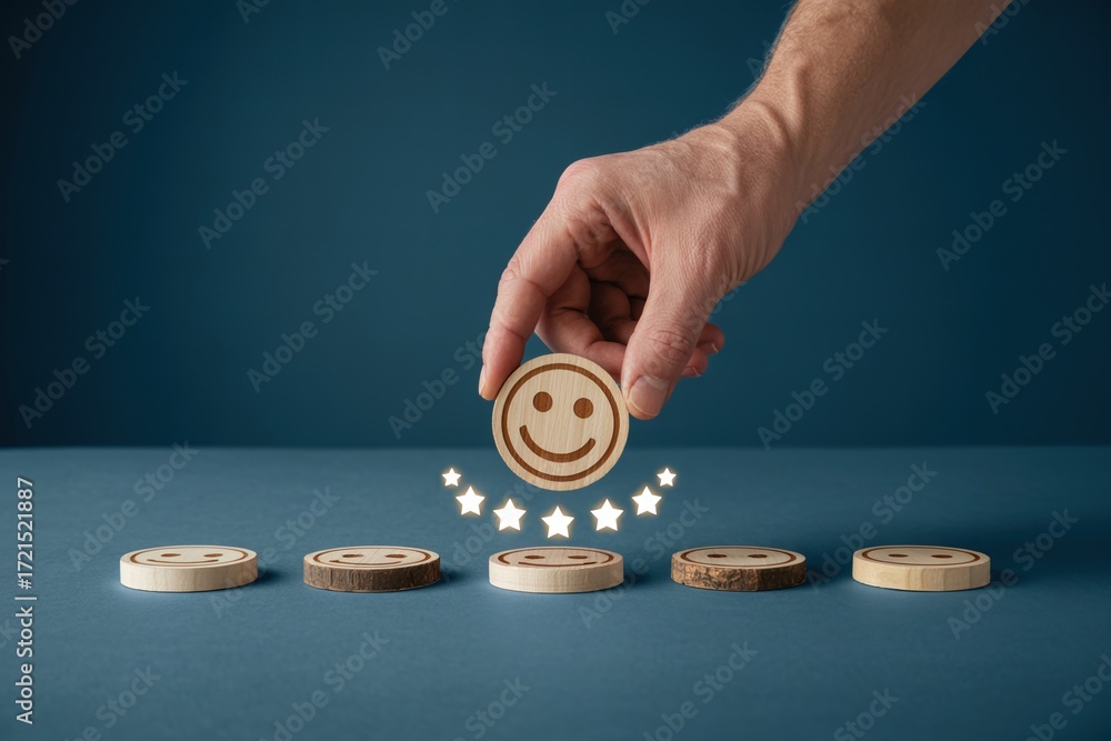 Fototapeta premium Hand placing happy face wooden token, with star rating, on blue background, minimalist design, customer satisfaction concept