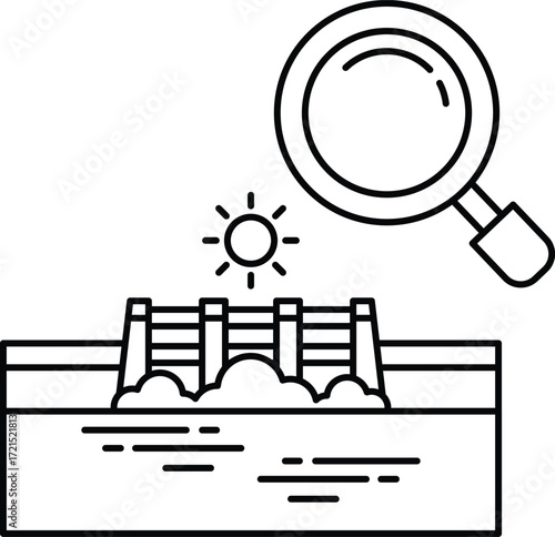 A black and white drawing of a bridge with a magnifying glass on it
